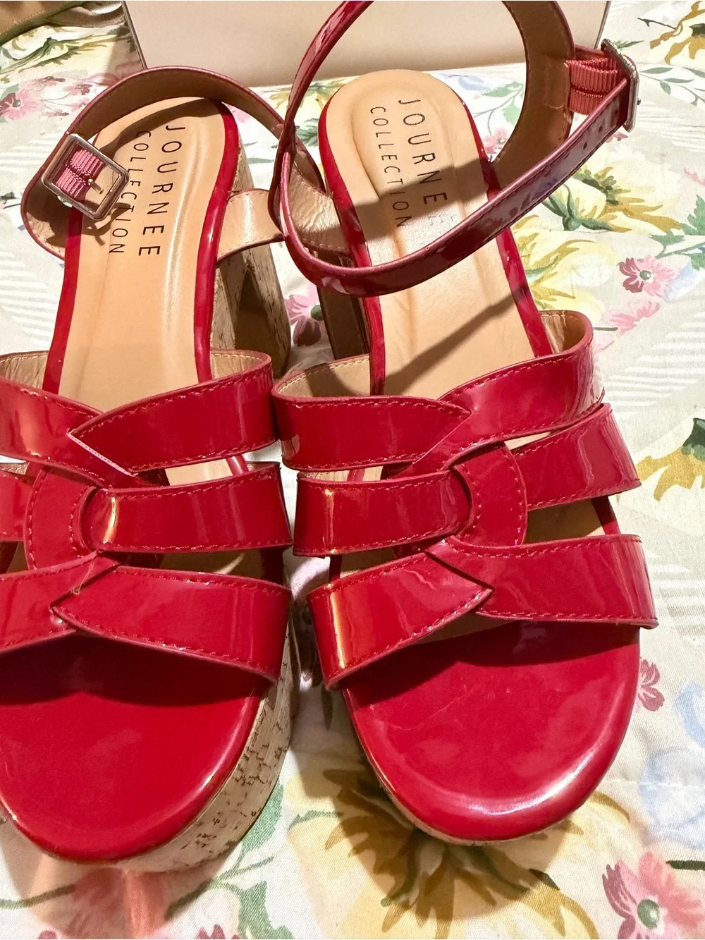 Journee Collection Red Patent Cork Platform Wedge Sandals
